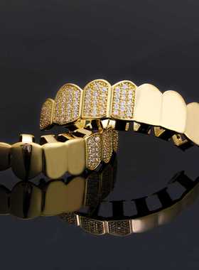 欧美跨境嘻哈牙套八颗牙微镶锆石镜面牙套个性装扮万圣节金牙齿