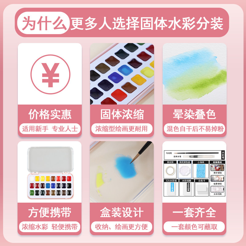 鲁本斯敲美固体水彩颜料分装盒装学院级24色美术生专用水粉绘画画工具专业套装迷你便携水彩水粉画工具套装
