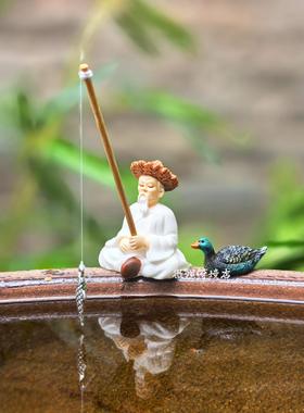 白衣姜太公钓鱼小摆件渔夫渔翁垂钓中式鱼缸鱼池假山流水造景装饰