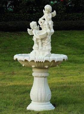 别墅花园欧式喷泉流水摆件户外庭院景观鱼池砂岩喷水池小天使雕塑