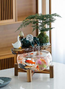 中式家装办公室无障碍豪华流水财富饰品全自动水循环台式小金鱼缸