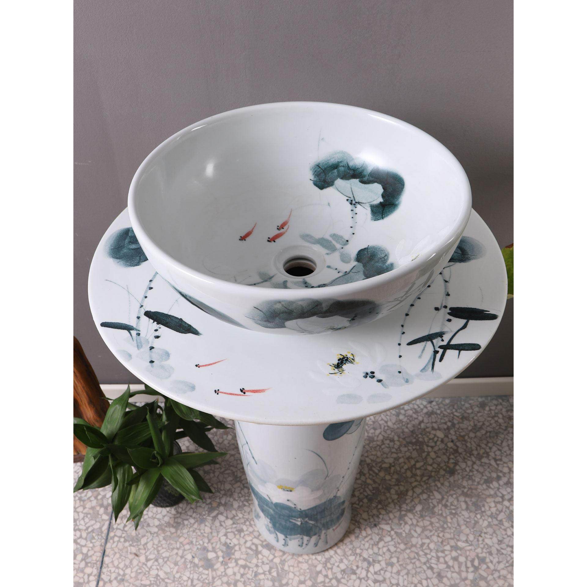 景德镇陶瓷立柱盆手绘荷花鱼艺术落地覆古庭院装饰耐高温洗漱台盆,淘宝优惠券,粉丝福利购,淘宝优惠卷