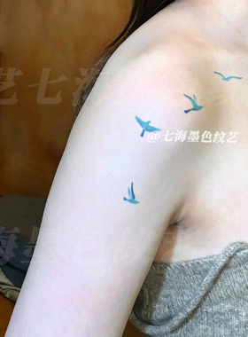 ins风简约蓝色自由的鸟彩色纹身贴防水女持久高级感手臂锁骨贴纸