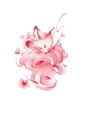 红色桃花九尾狐狸大图彩色纹身贴