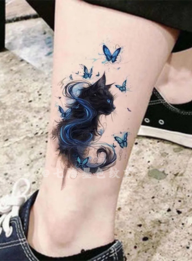 蓝色幽灵蝴蝶猫彩色纹身贴女持久