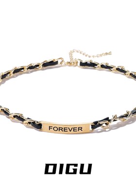 DIGU气质时尚皮质编织金属字母牌项链女个性小众设计感锁骨链颈链