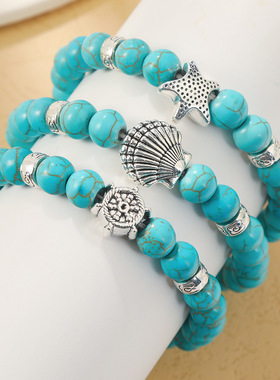 跨境欧美珠子手链套装绿松石手串十字架天然石串珠复古绿松石手链