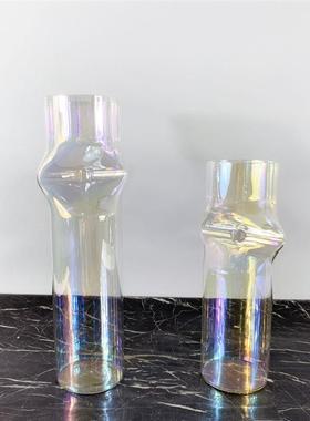 现代简约欧式圆柱夹扁造型玻璃花插花器摆件样板房售楼处软装饰品