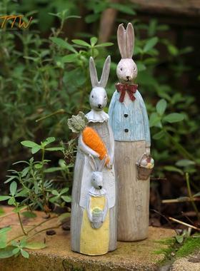 覆古做旧彷木雕树脂长耳兔夫妇家居礼品工艺礼品摆饰橱窗创意情侣