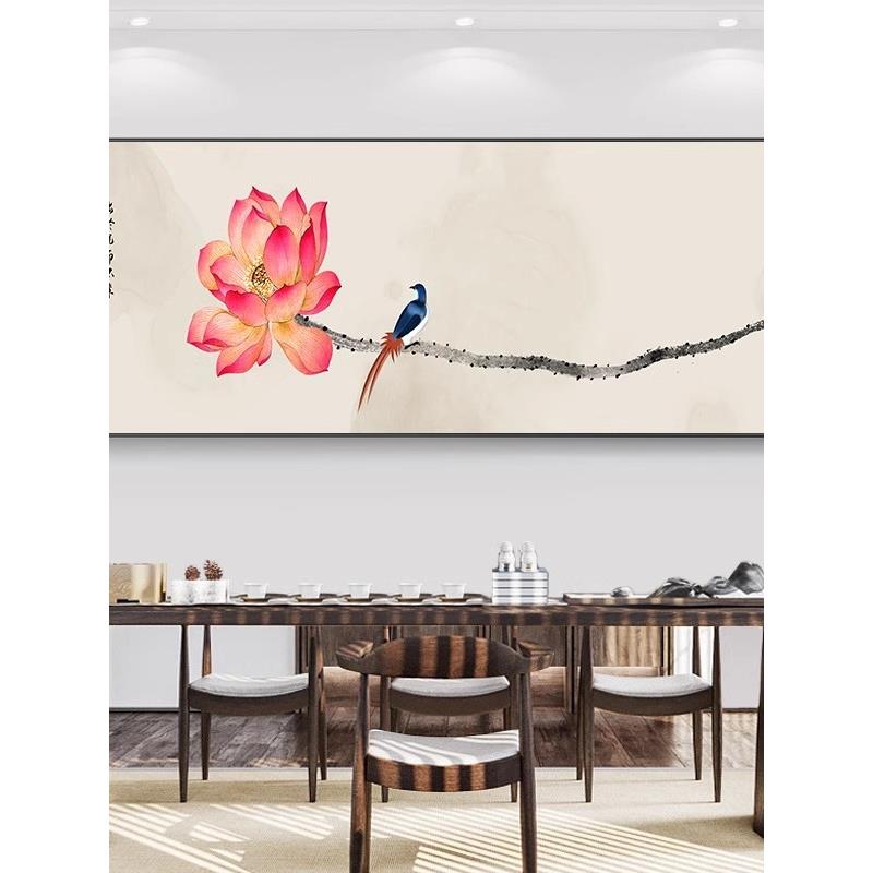 荷花新中式客厅沙发背景墙装饰画莲花卧室床头挂画壁画茶室原木风 - 图1