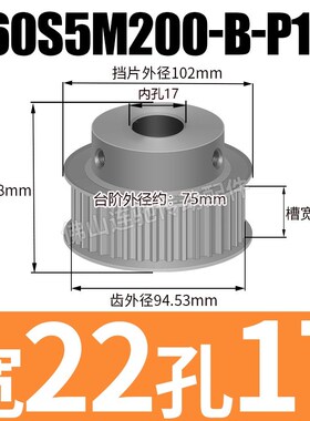 S5M60齿 同步带轮凸台 槽宽22 BF型 同步皮带轮齿轮铝60S5M200-B