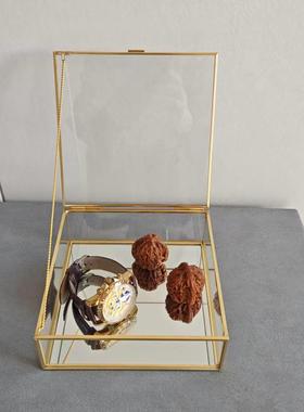 玻璃首饰收纳盒 正方形珠宝收纳盒 新中式金属边框首饰收纳盒