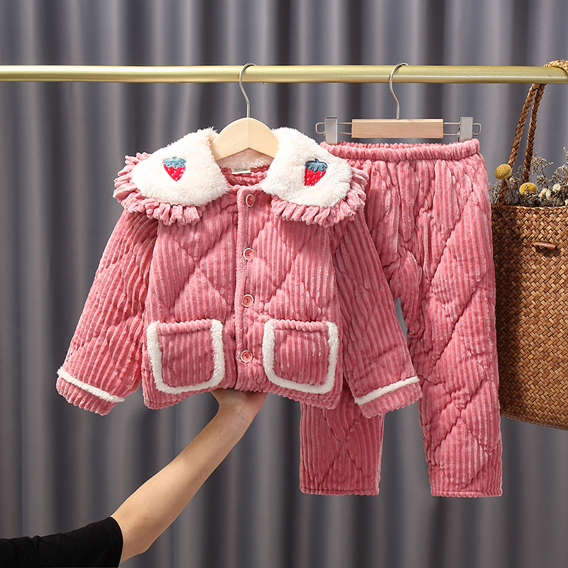 女童冬季宝宝超厚睡衣条纹套装三层加厚夹棉法兰绒女孩保暖家居服 - 图1