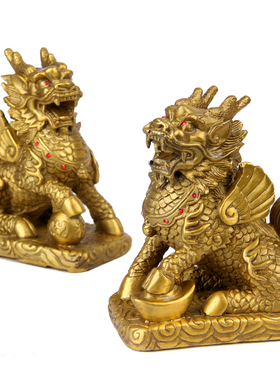 朴器 带钻款中号财福麒麟摆件 铜麒麟一对摆件