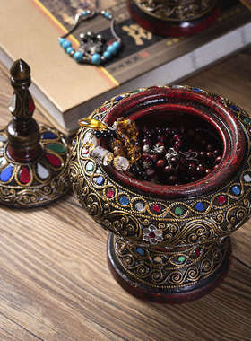 泰式实木金箔收纳盒家居客厅玄关电视柜装饰佛塔摆件东南亚工艺品