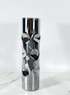 现代简约欧式圆柱夹扁造型玻璃花插花器摆件样板房售楼处软装饰品