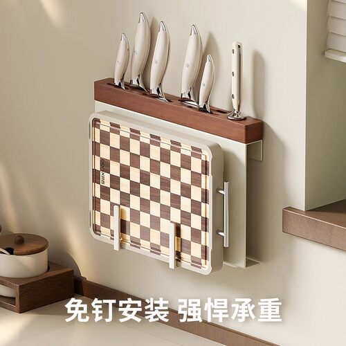 厨房刀架置物架壁挂免打孔刀具收纳架多功能家用一体菜刀架砧板架 - 图3