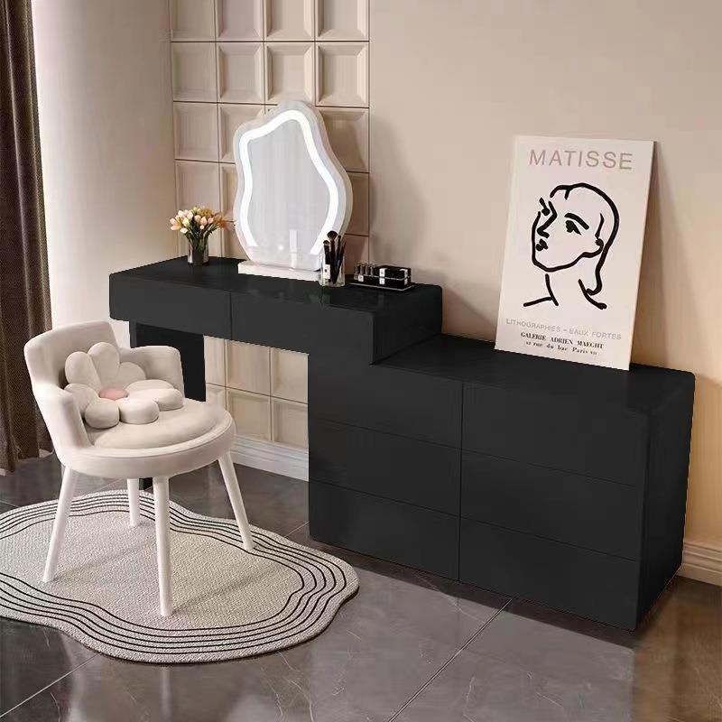 奶油风梳妆台黑色化妆台斗柜一体梳妆台化妆镜卧室梳妆台梳妆凳 - 图2