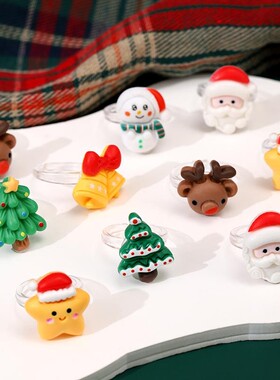 圣诞节公仔贴片戒指儿童女孩雪人麋鹿圣诞老人卡通手指环礼物戒指