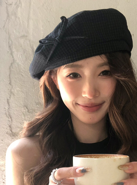 【猫仔kitten】黑色蝴蝶结贝雷帽格子复古画家帽甜美显脸小帽子