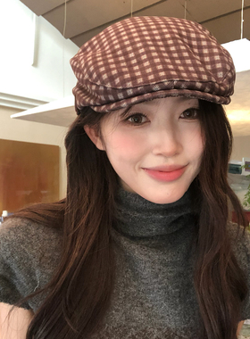 【猫仔kitten】圆顶复古时尚潮流格子前进帽秋冬休闲韩版贝雷帽女