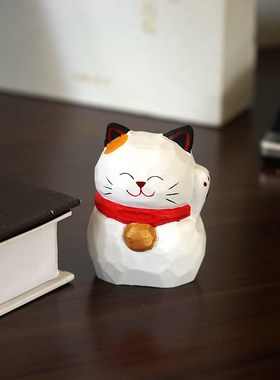 招财铃铛猫咪手工木雕小摆件公仔可爱木质雕刻书桌装饰品新年礼物