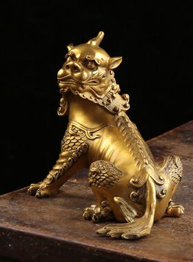 纯黄铜谛听摆件地藏王坐骑独角神兽铜貔貅客厅手工摆件