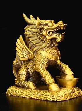纯铜麒麟摆件公母一对铜镇宅装饰品麒麟八卦办公室客厅乔迁招财