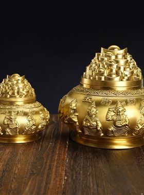 纯铜聚宝盆摆件带盖铜五路财神聚宝盆摆件