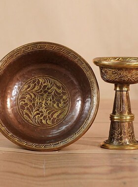 新品纯铜尼泊尔护法杯八吉祥进口藏传用品纯手工X雕花供杯摆件