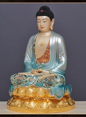 极速纯铜彩绘释迦牟尼佛家t用供奉佛像释迦佛娑婆三圣佛象坐像摆