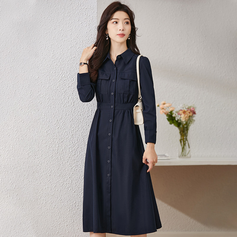 SMEN诗萌轻熟优雅藏青色衬衫连衣裙2026春长袖翻领收腰显瘦通勤裙