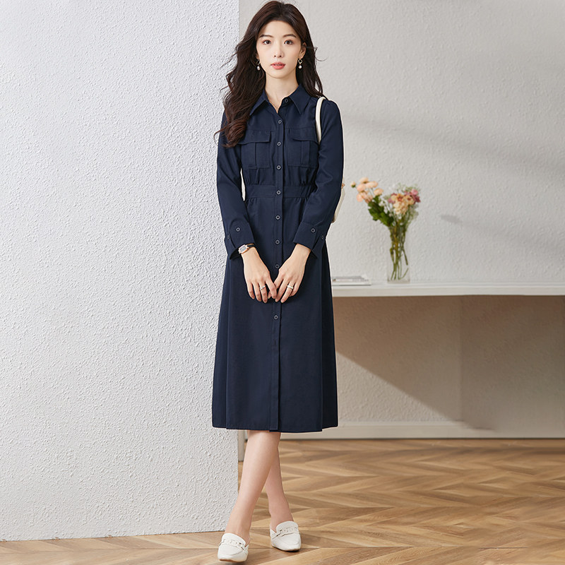 SMEN诗萌轻熟优雅藏青色衬衫连衣裙2026春长袖翻领收腰显瘦通勤裙