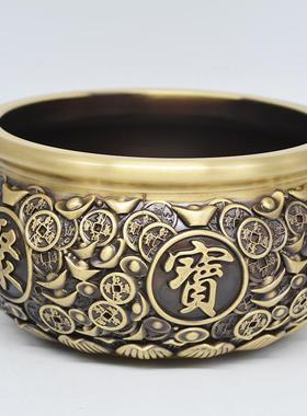 宏达 全黄铜钱币聚宝盆 家居办公室玄关铜器浮雕聚宝盆摆件