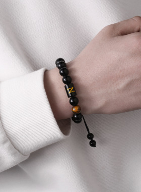 热销10mm黑玛瑙珠子手链男26字母编织可调节手链情侣手串