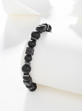 新款熔岩方块火山石编织手链男哑光黑玻璃珠子可调节手环手串