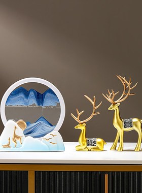 福鹿双至新中式流沙画摆件客厅玄关家居装饰品办公室乔迁开业礼物