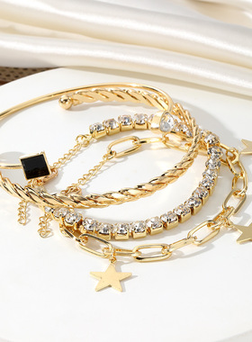 货源星星手链女生高级感时尚通勤黑色方块开口金属手镯套装女