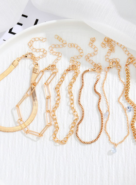 欧美波西米亚极简手饰金属链条女式套装6条多层链条简约手链
