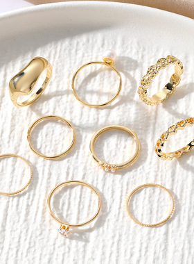 欧美风套装戒指ins简约女个性冷淡风多件套素圈叠戴指环