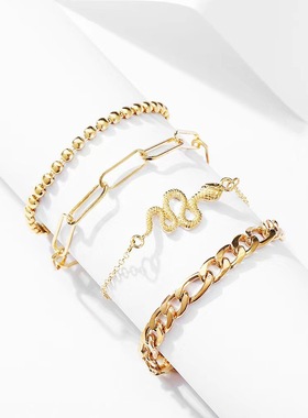欧美跨境蛇型金色脚链套装4件套创意多层个性金属链条脚链