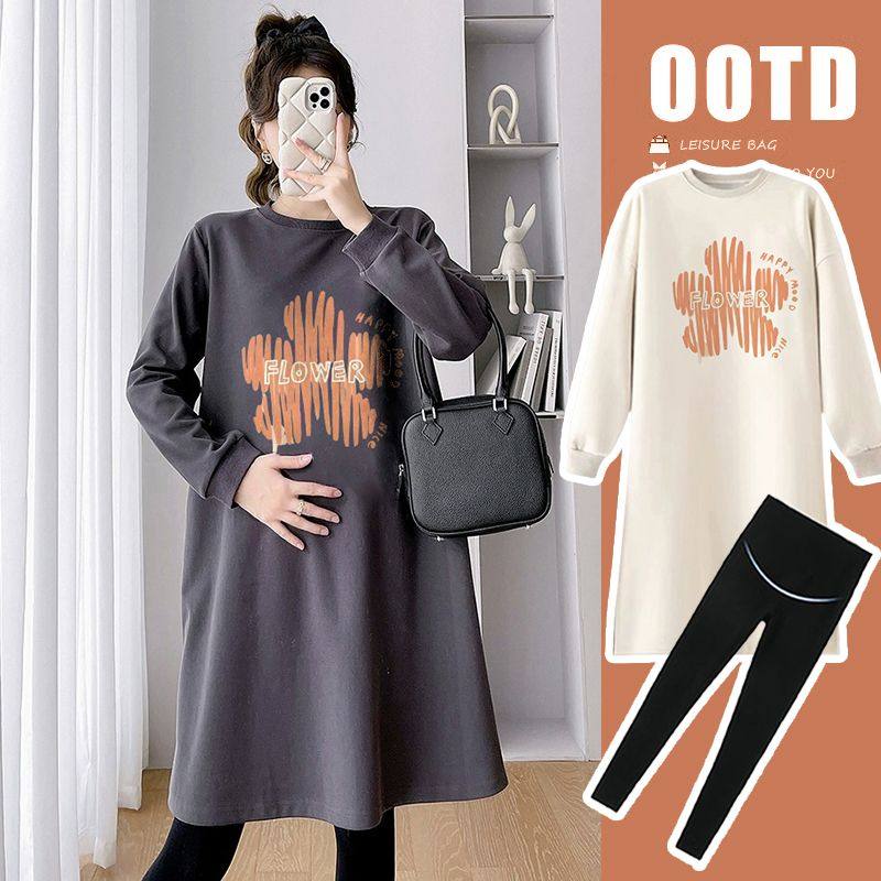 孕妇春秋装圆领纯棉连衣裙韩版宽松遮肚不显怀中长款卫衣裙两件套,淘宝优惠券,粉丝福利购,淘宝优惠卷