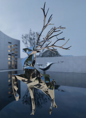 不锈钢小鹿雕塑定制金属镜面几何切片母子鹿户外园林景观落地装饰