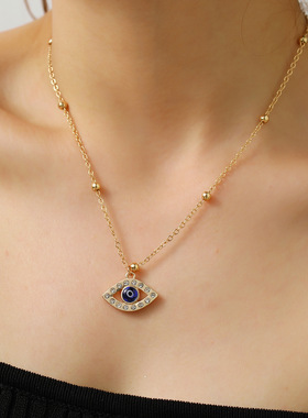 欧美跨境镶钻合金土耳其蓝眼睛吊坠项链恶魔之眼项链女士卡装项链