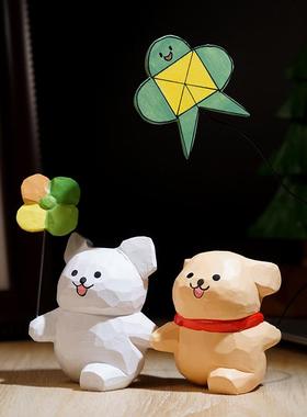 “去浪呀”线条小狗手工木雕小摆件可爱办公室电脑桌面装饰品礼物