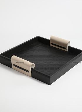 现代轻奢首饰玄关收纳盘子中古高档黑色皮革香薰托盘法式饰品摆件
