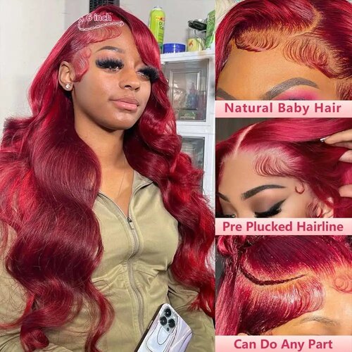 30 Inch Burgundy Body Wave Human Hair Wigs 13x4 HD Lace Fro - 图2