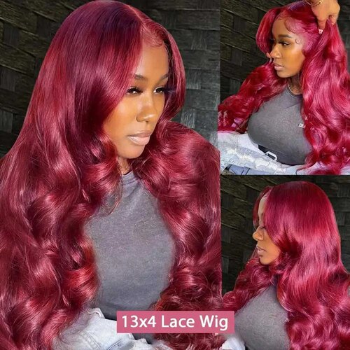 30 Inch Burgundy Body Wave Human Hair Wigs 13x4 HD Lace Fro - 图1