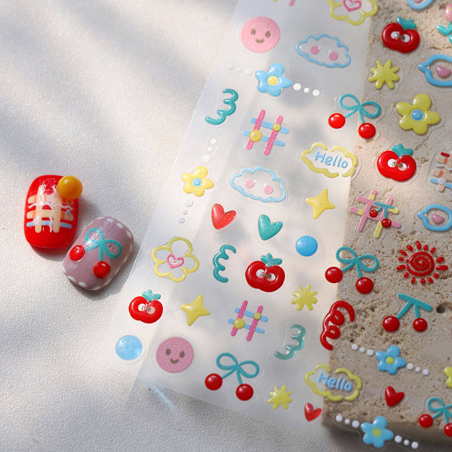 2025新款多巴胺涂鸦水果立体花园浮雕美甲贴纸小兔子可爱指甲装饰,淘宝优惠券,粉丝福利购,淘宝优惠卷