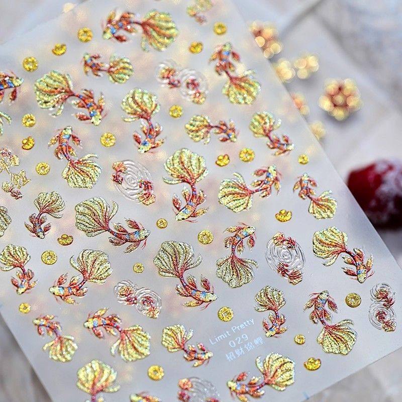 锦鲤新中式国风美甲贴纸好运连连鱼跃龙门烫金浮雕立体指甲贴装饰,淘宝优惠券,粉丝福利购,淘宝优惠卷